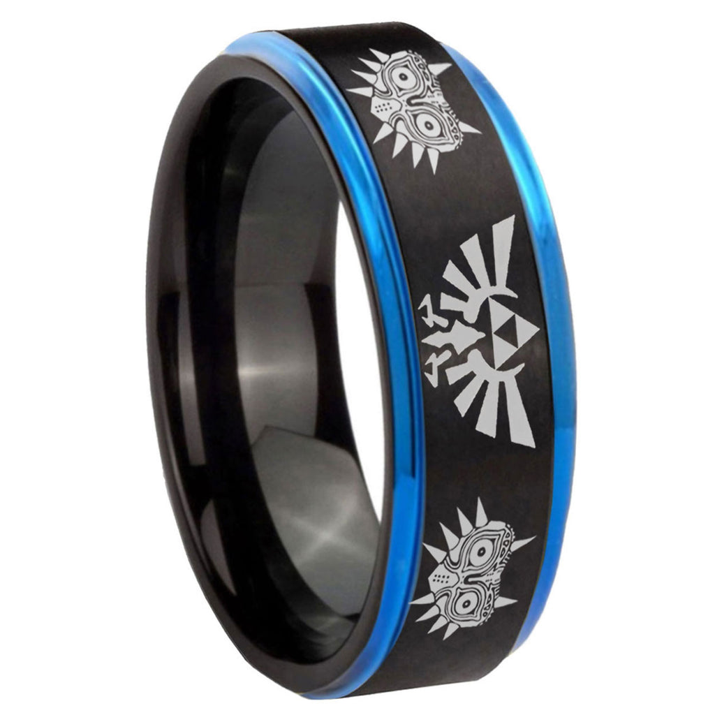 8mm Zelda Majora's Mask Blue Step Edge Black Tungsten Ring