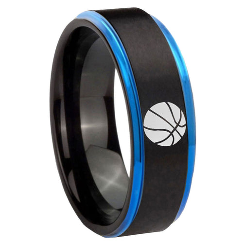 8mm Basketball Blue Step Edge Black Tungsten Promised Ring