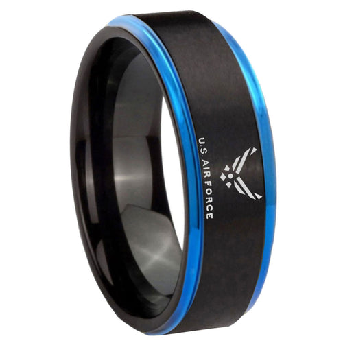 8mm Blue Step Edge Black US Air Force Tungsten Engraved Ring