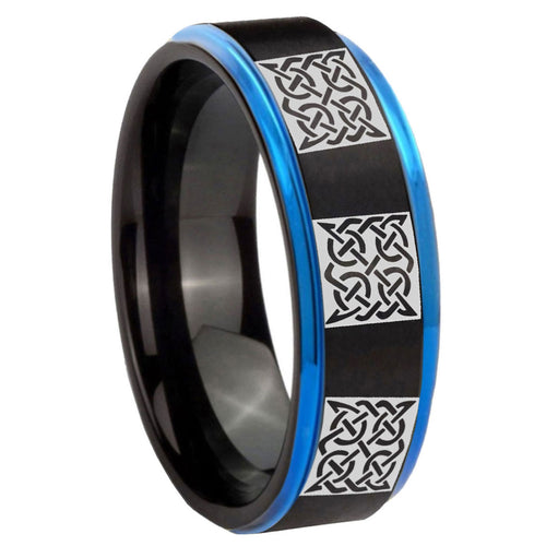 8mm Multiple Celtic Blue Step Edge Black Tungsten Ring