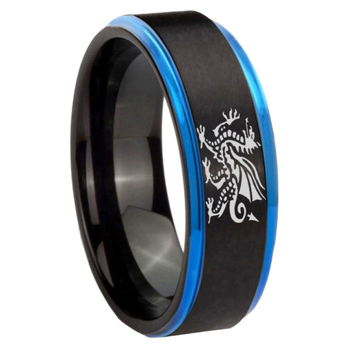 8mm Dragon Blue Step Edge Black Tungsten Ring for Men