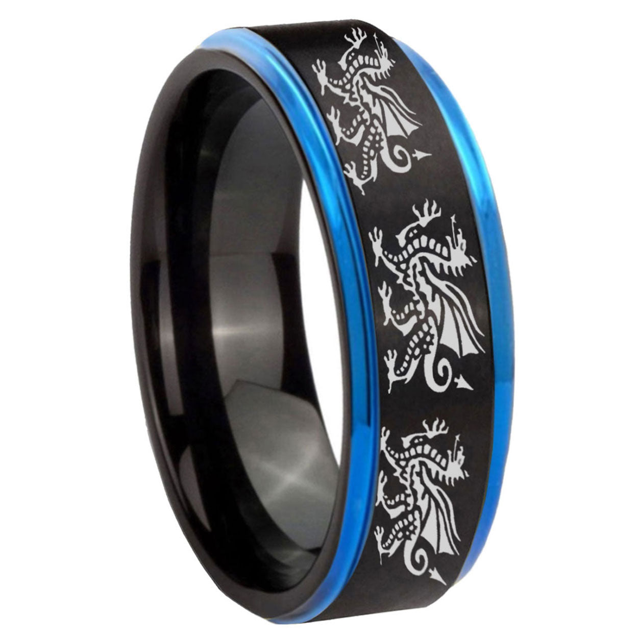 8mm Multiple Dragon Blue Step Edge Black Tungsten Mens Ring
