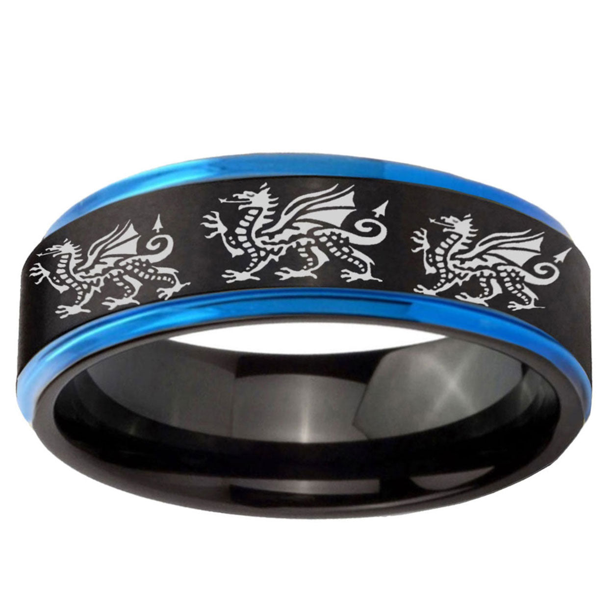 5mm Multiple Dragon Blue Step Edge Black Tungsten Mens Ring