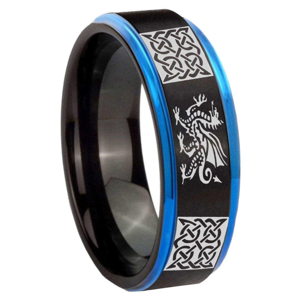 8mm Multiple Dragon Celtic Blue Step Edge Black Tungsten Ring