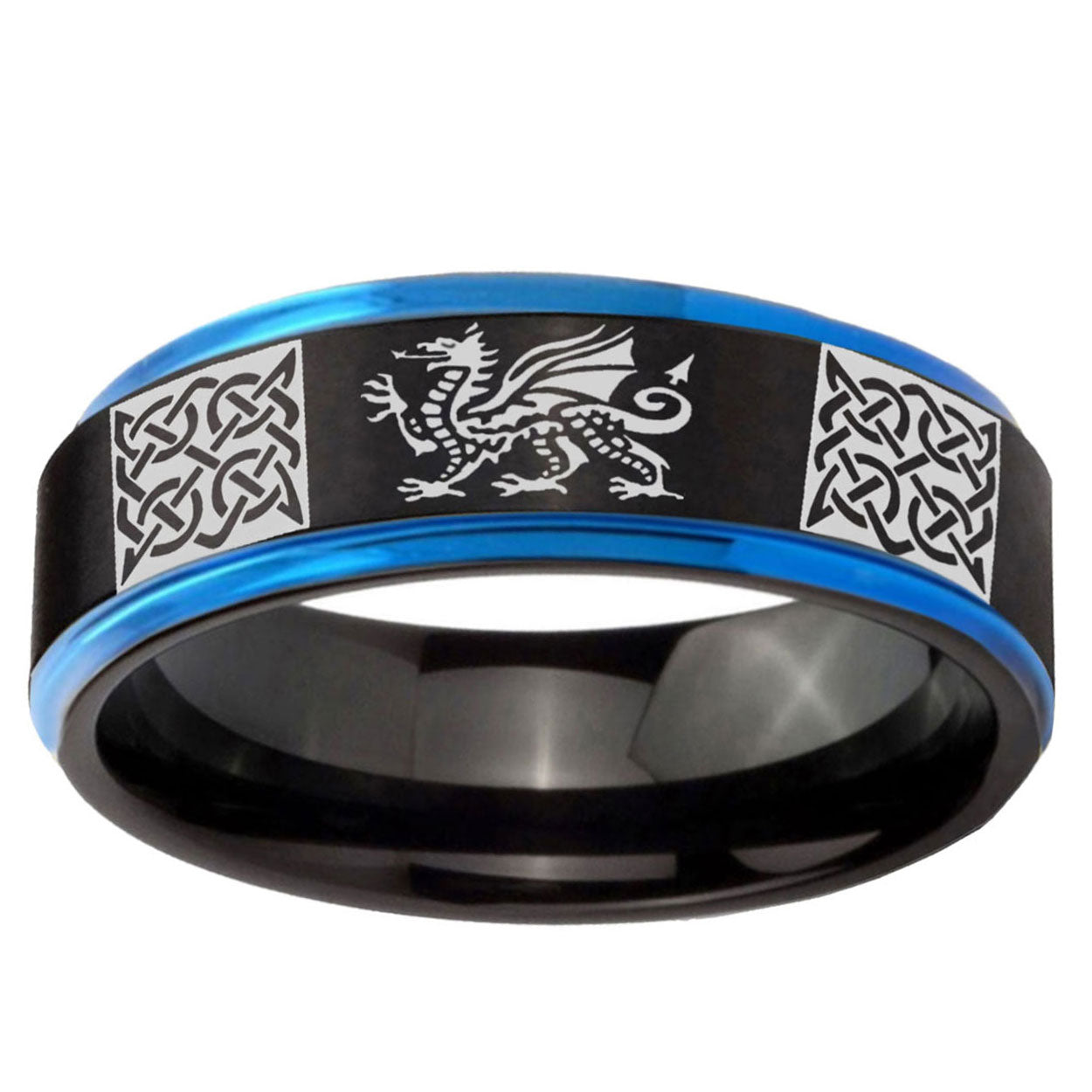 5mm Multiple Dragon Celtic Blue Step Edge Black Tungsten Ring