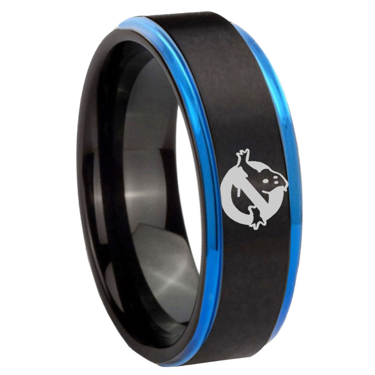 8mm Ghostbusters Blue Step Edge Black Tungsten Ring Mens