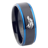 8mm Wolf Step Edge Black Blue Tungsten Mens Ring