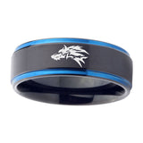 5, 8mm Wolf Step Edge Black Blue Tungsten Mens Ring