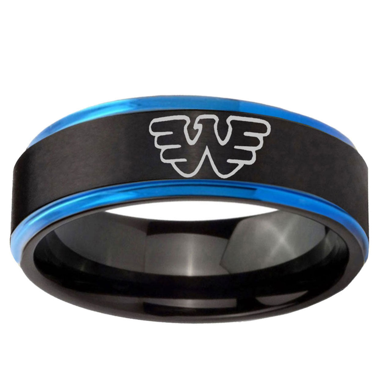 5mm Waylon Jennings Blue Step Edge Black Tungsten Ring