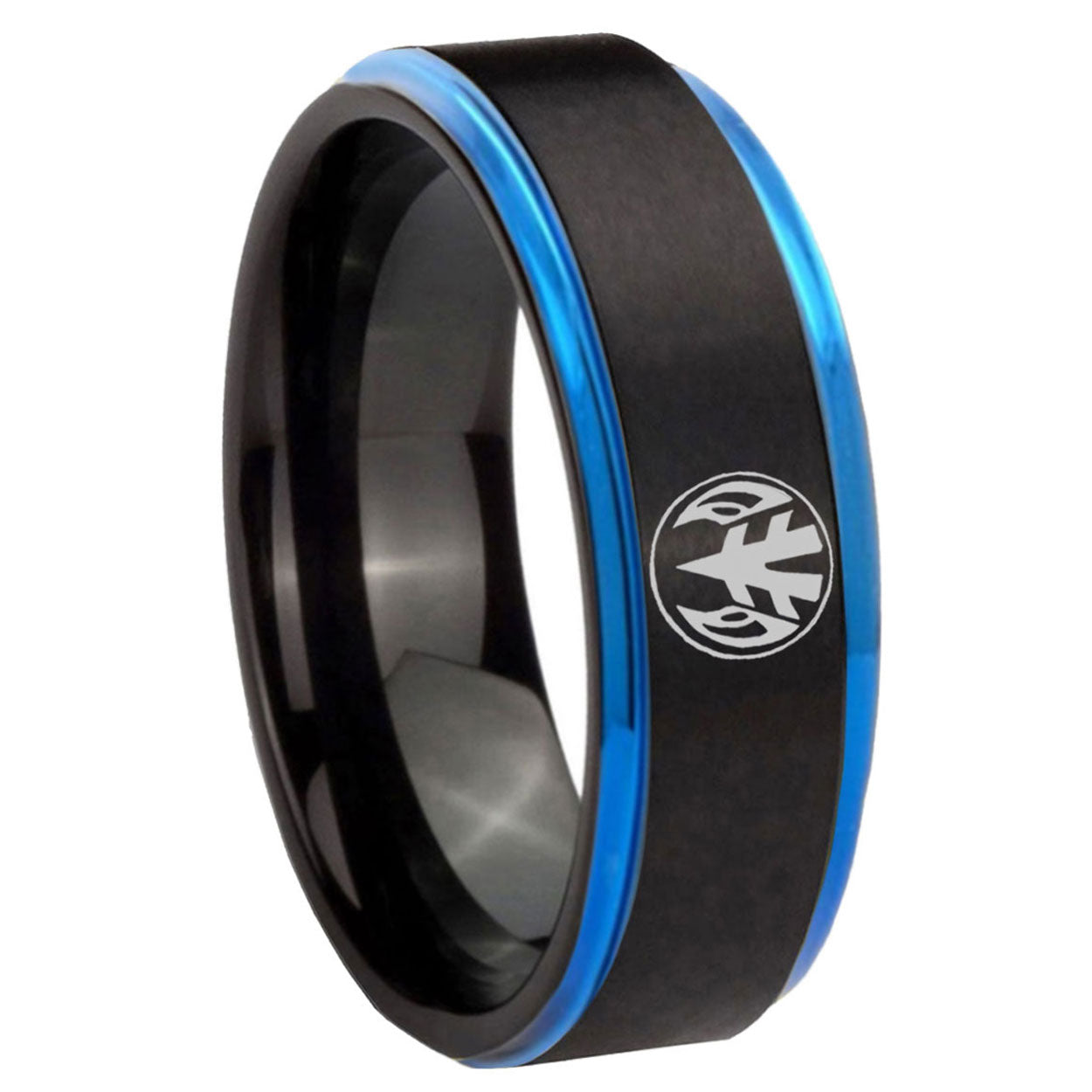 8mm Love Power Rangers Blue Step Edge Black Tungsten Bands
