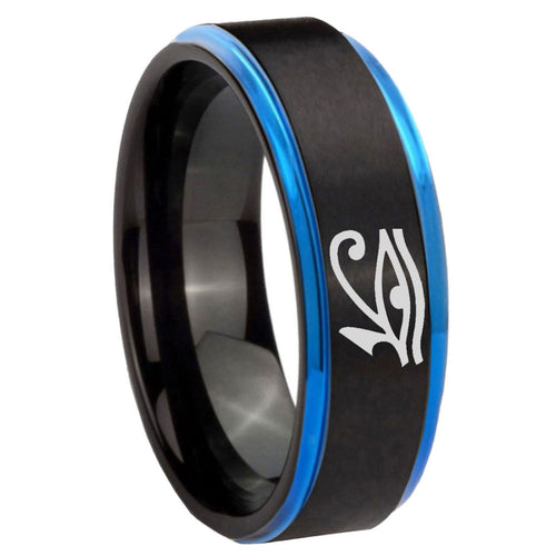 8mm Seeing Eye Blue Step Edge Black Tungsten Mens Bands Ring