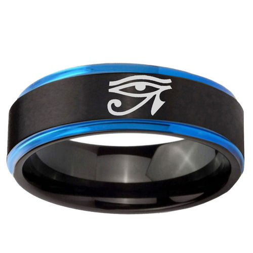 5mm Seeing Eye Blue Step Edge Black Tungsten Mens Bands Ring