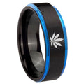 8mm Marijuana Leaf Blue Step Edge Black Tungsten Ring