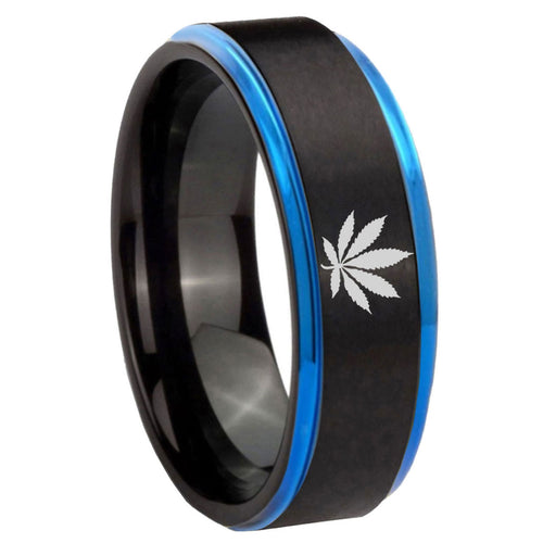 8mm Marijuana Leaf Blue Step Edge Black Tungsten Ring