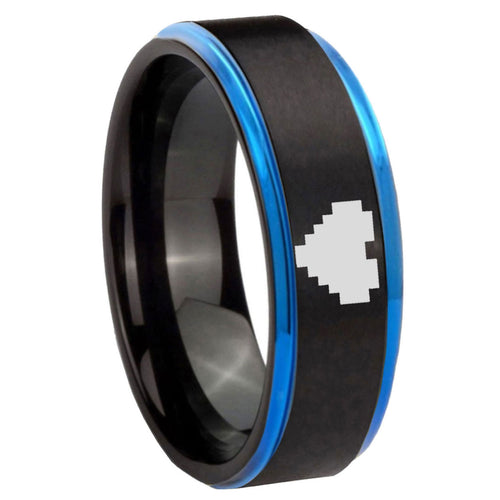 8mm Blue Step Edge Black Zelda Heart Tungsten Engraved Ring