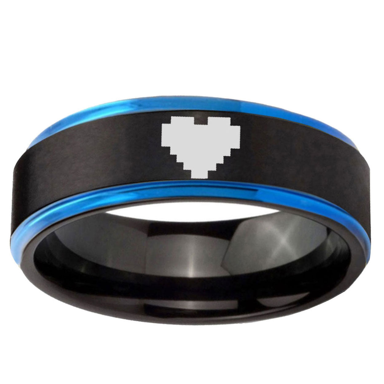 5mm Blue Step Edge Black Zelda Heart Tungsten Engraved Ring