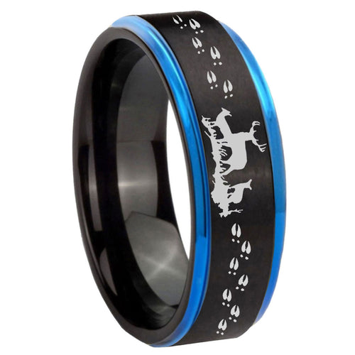 8mm Deer Hunting Blue Step Edge Black Tungsten Custom Ring