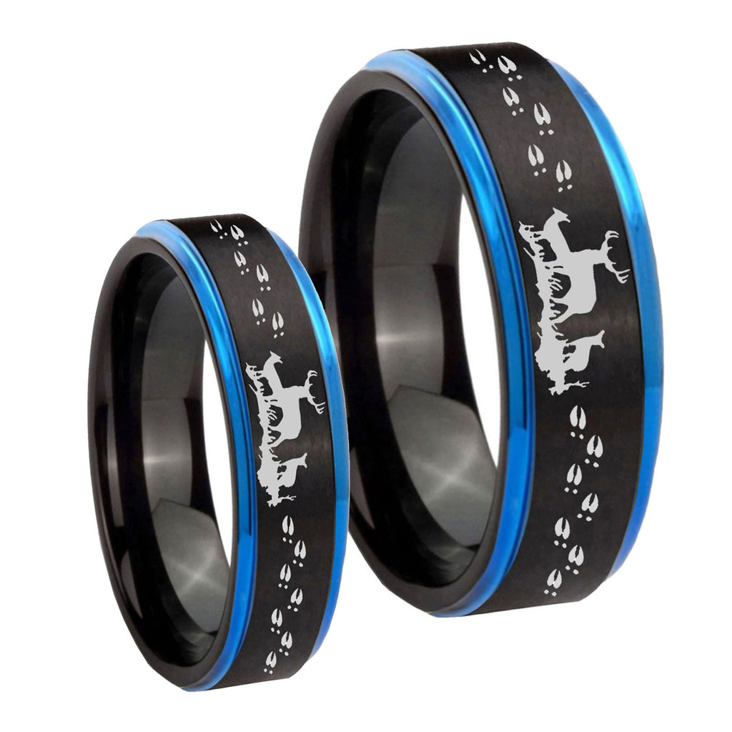 Deer Hunting Blue Step Edges Tungsten His Hers Set Rings