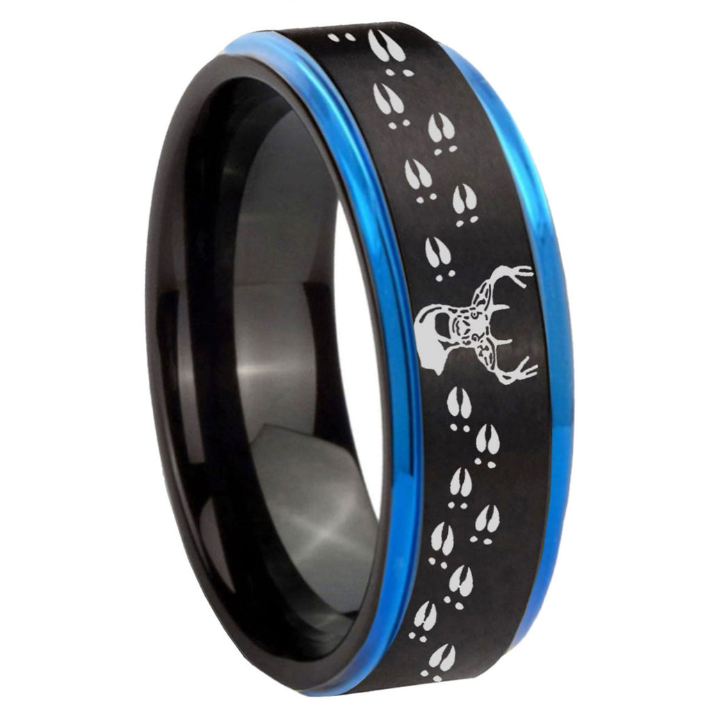 10mm Deer Antler Blue Step Edges Brushed Tungsten Carbide Mens Promise Ring