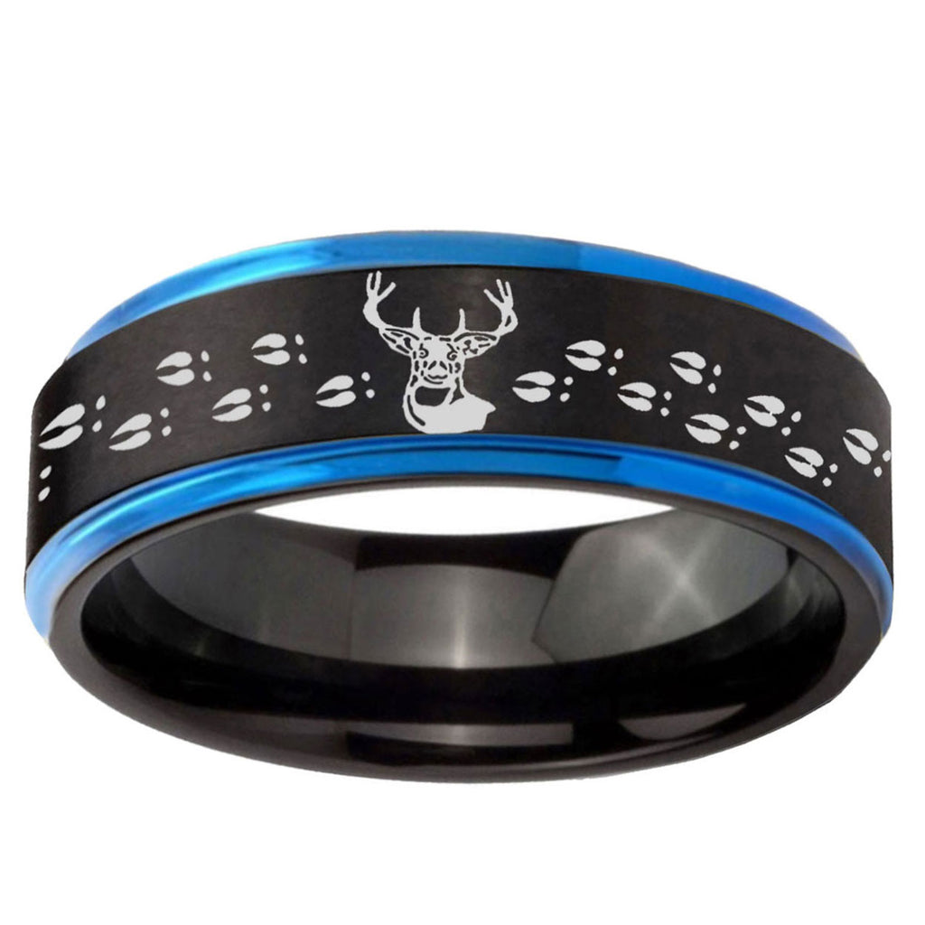 10mm Deer Antler Blue Step Edge Brushed Tungsten Ring