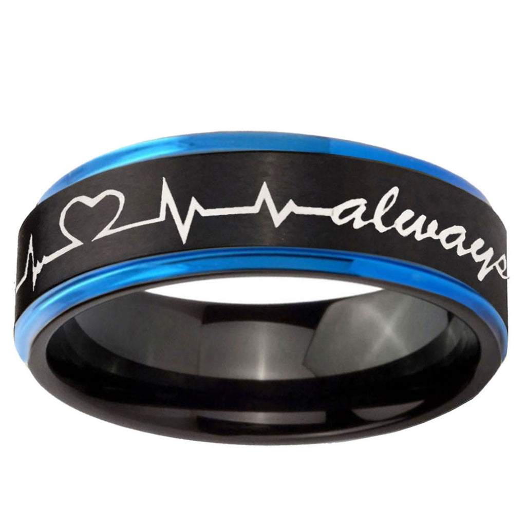 5mm Heart Beat forever Heart always Blue Step Edge Black Tungsten Band