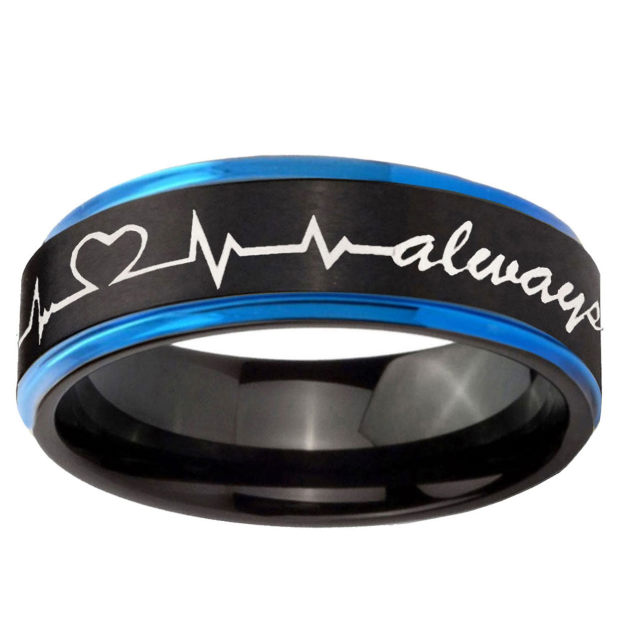 5mm Heart Beat forever Heart always Blue Step Edge Black Tungsten Band