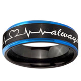 5mm Heart Beat forever Heart always Blue Step Edge Black Tungsten Bands Ring