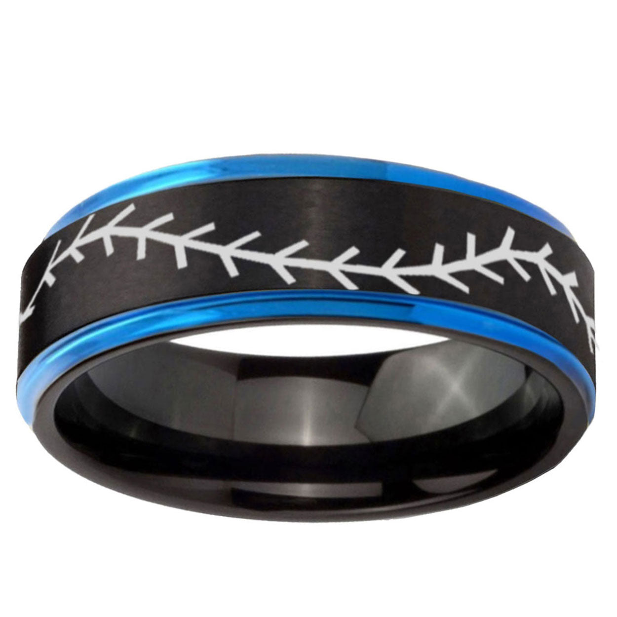5mm Baseball Stitch Blue Step Edge Black Tungsten Ring