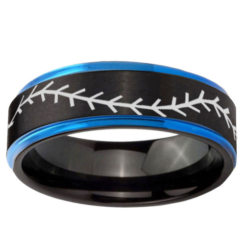 5mm Baseball Stitch Blue Step Edge Black Tungsten Ring
