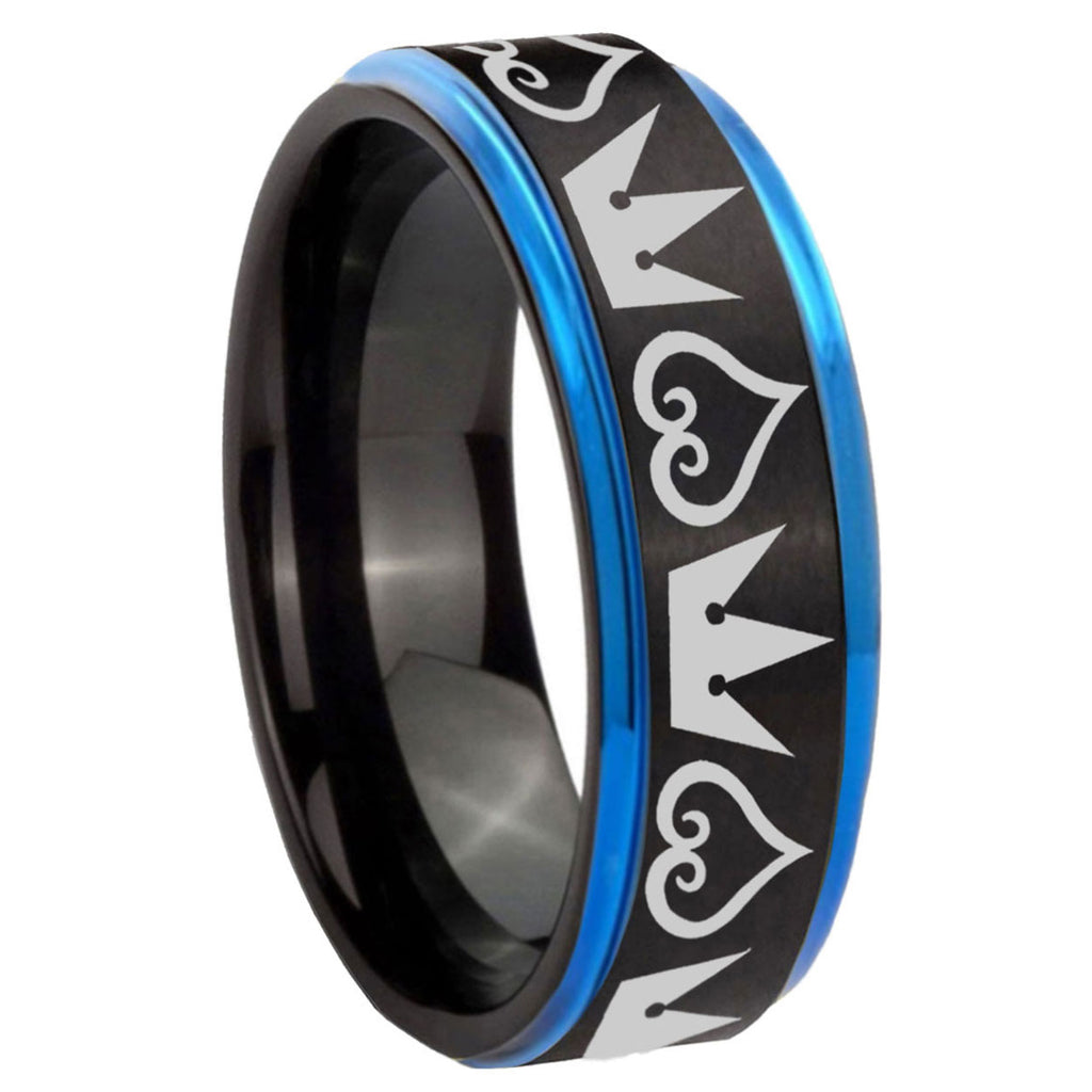8mm Hearts Crowns Blue Step Edge Black Tungsten Ring
