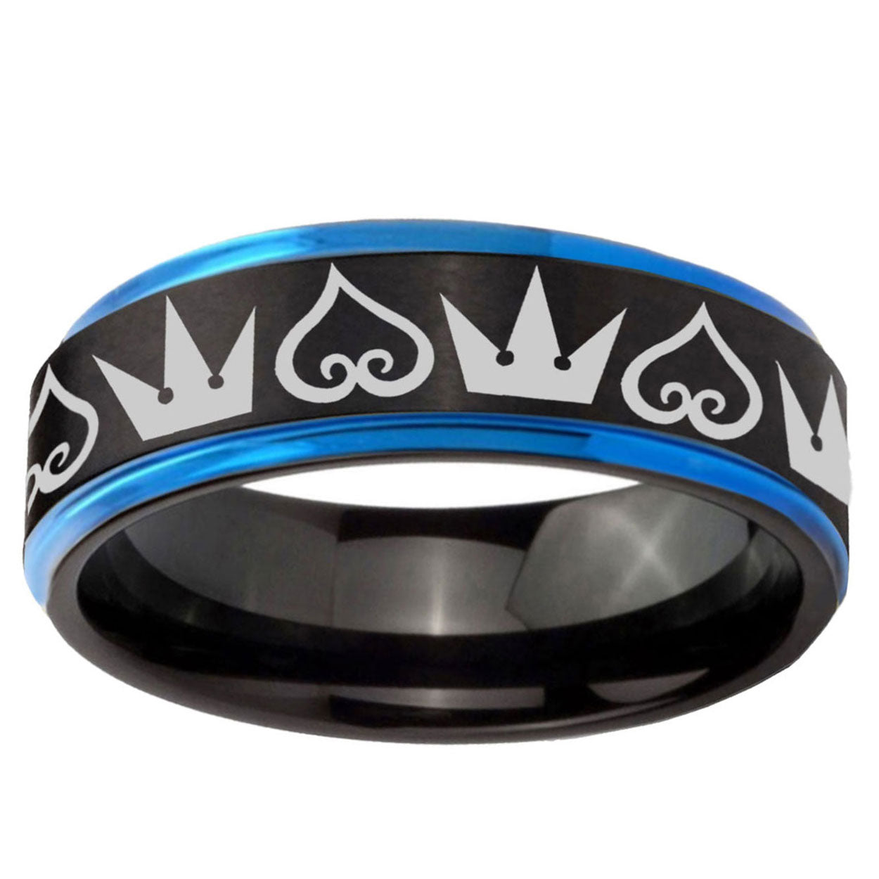 5mm Hearts Crowns Blue Step Edge Black Tungsten Ring