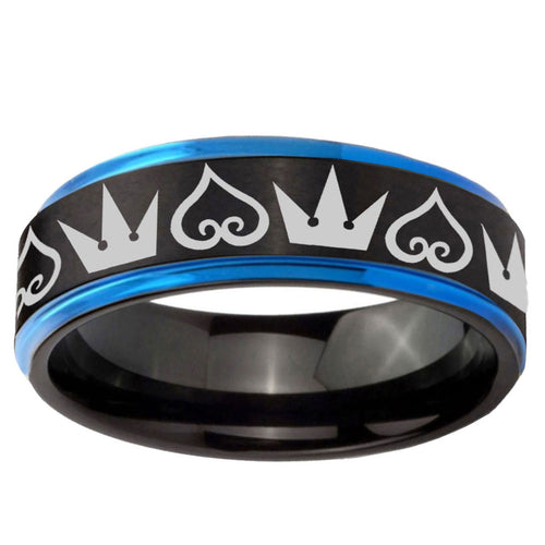 5mm Hearts Crowns Blue Step Edge Black Tungsten Ring