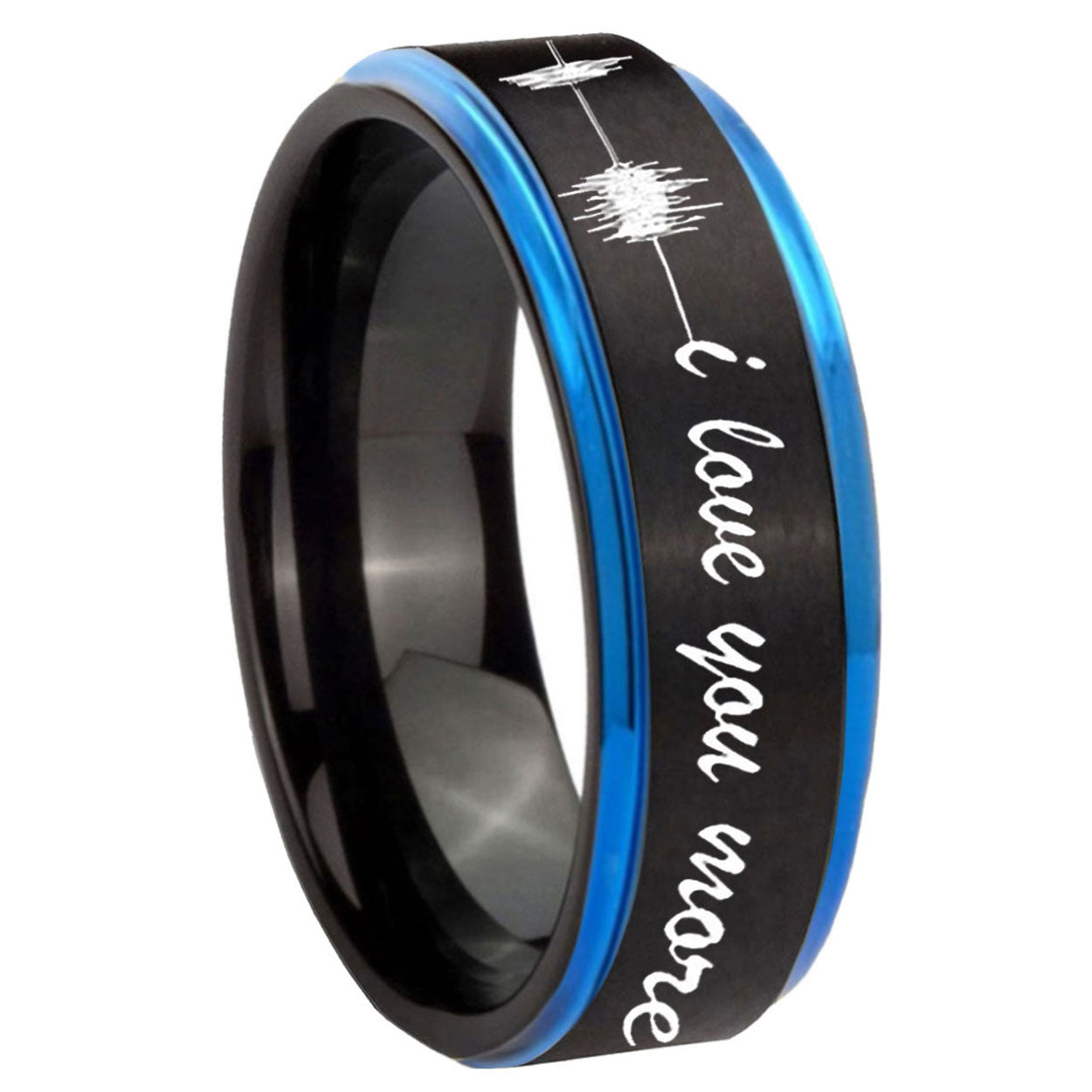8mm Sound Wave I love you more Blue Step Edge Black Tungsten Ring