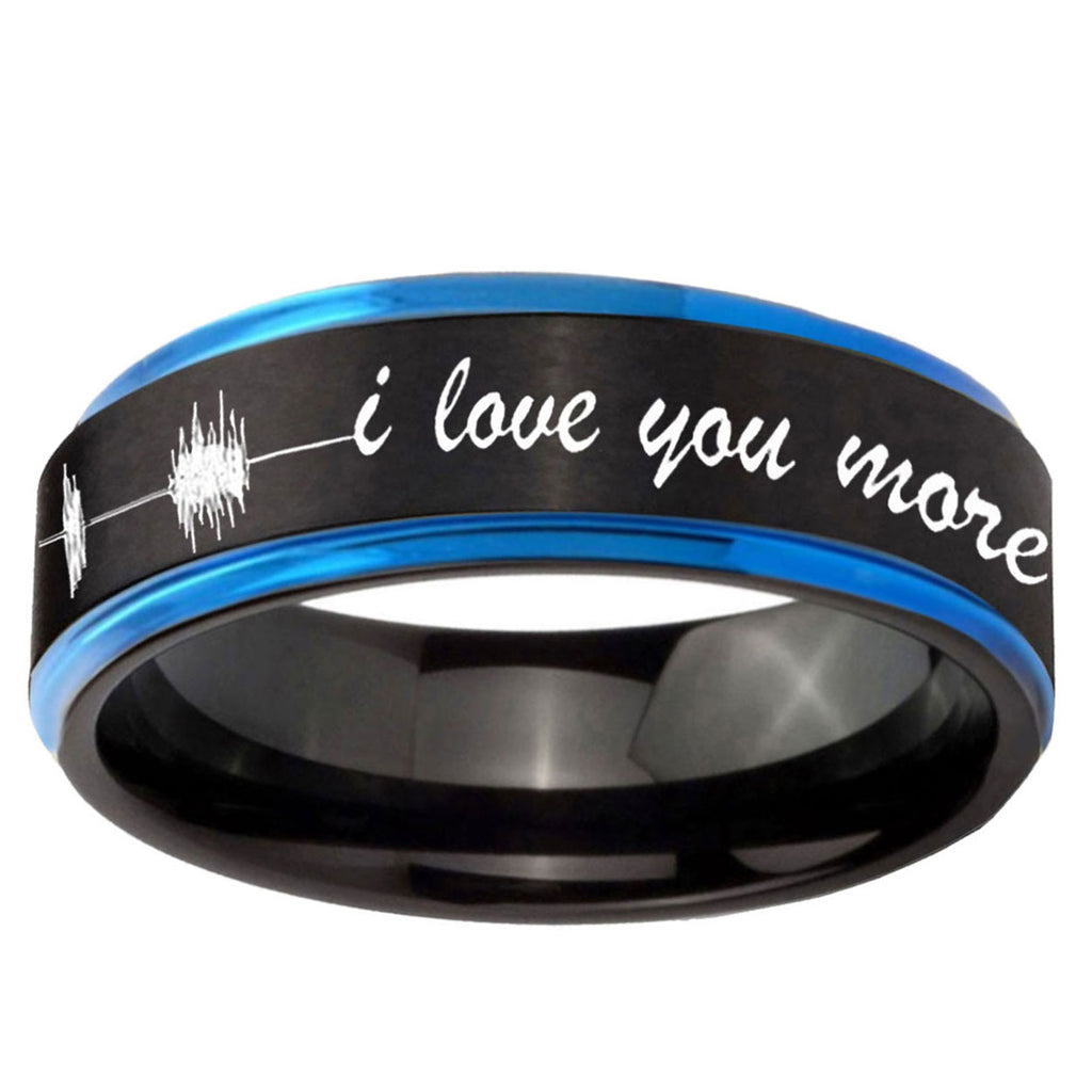 5mm Sound Wave I love you more Blue Step Edge Black Tungsten Ring