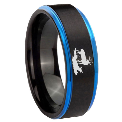 8mm Deer Hunting Blue Step Edge Black Tungsten Mens Ring