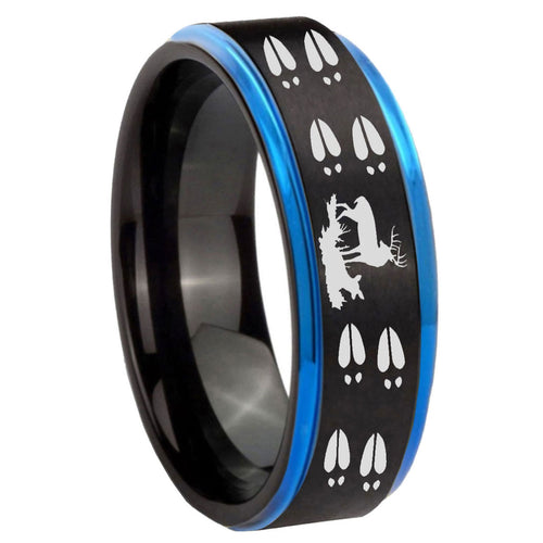 8mm Deer Hunting Tracks Blue Step Edge Black Tungsten Ring