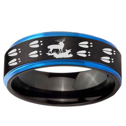5mm Deer Hunting Tracks Blue Step Edge Black Tungsten Ring