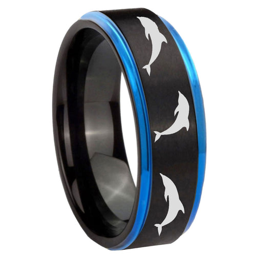 8mm Dolphins Blue Step Edge Black Tungsten Personalized Ring