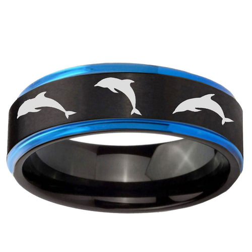 5mm Dolphins Blue Step Edge Black Tungsten Personalized Ring
