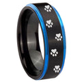 8mm Paw Print Blue Step Edge Black Tungsten Promise Ring