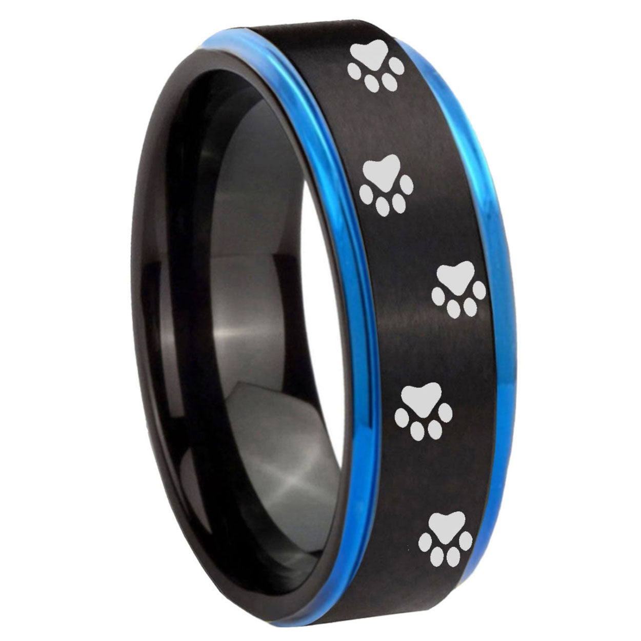 8mm Paw Print Blue Step Edge Black Tungsten Promise Ring