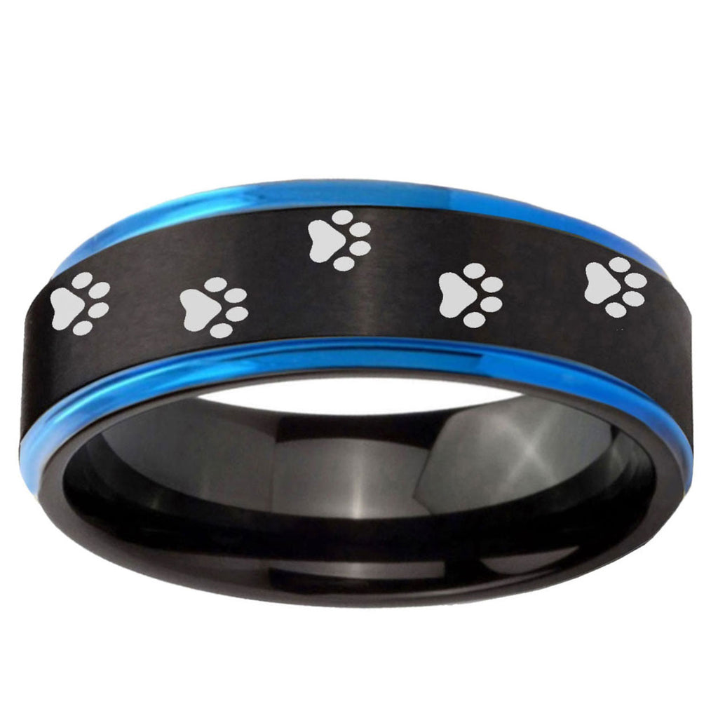5mm Paw Print Blue Step Edge Black Tungsten Promise Ring