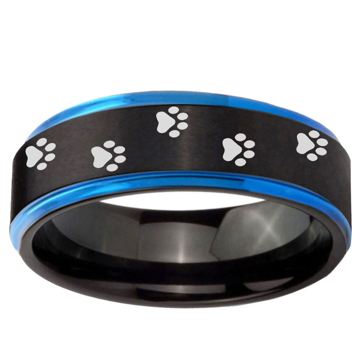 5mm Paw Print Blue Step Edge Black Tungsten Promise Ring