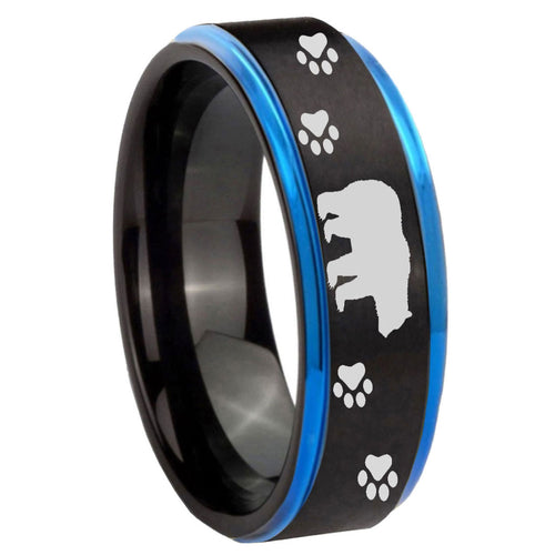 8mm Bear and Paw Blue Step Edge Black Tungsten Ring for Men
