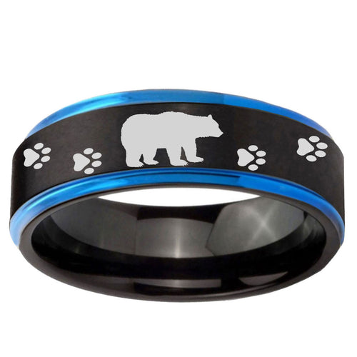 5mm Bear and Paw Blue Step Edge Black Tungsten Ring for Men