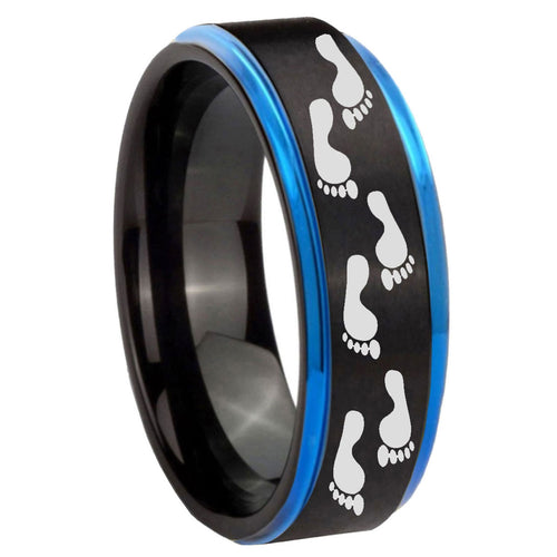 8mm Foot Print Blue Step Edge Black Tungsten Ring Mens