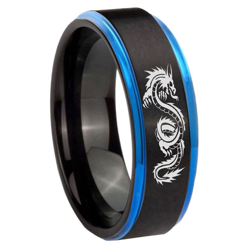8mm Dragon Blue Step Edge Black Tungsten Engraved Ring
