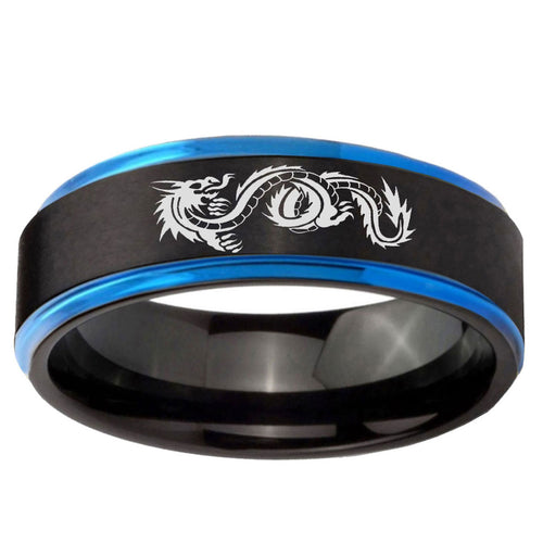 5mm Dragon Blue Step Edge Black Tungsten Engraved Ring