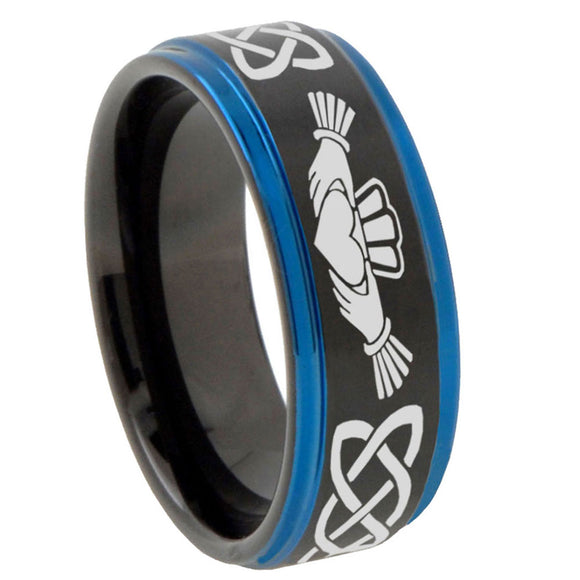 8mm-Irish-Claddagh-Blue-Step-Edges-Tungsten-Carbide-Mens-Wedding-Ring