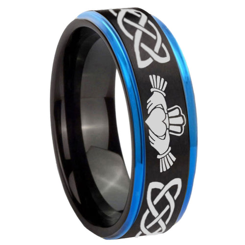 10mm Irish Claddagh Blue Step Edges Brushed Tungsten Carbide Mens Promise Ring